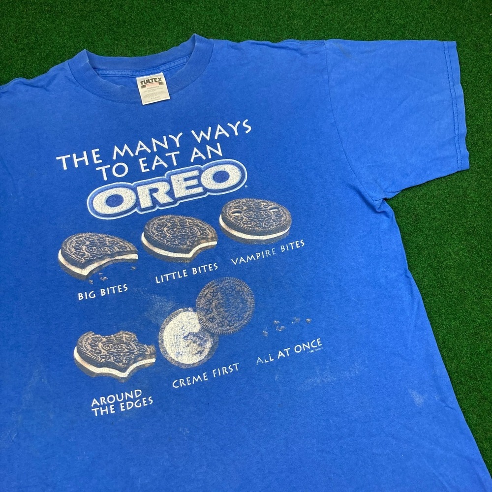 Vintage Oreo Shirt Mens XL Blue 1996 Many Ways To Eat‎ Logo Tultex Tag 90s Tee